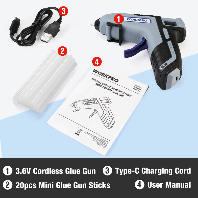 WORKPRO 3.6V Cordless Hot Glue Gun (Upgrade), Fast Preheating, Smart Power-Off, USB-C Rechargeable Glue Gun, Less-drip Hot Glue Gun Kit with 20 Pcs Premium Mini Glue Sticks for DIY, Crafting and Arts Blue