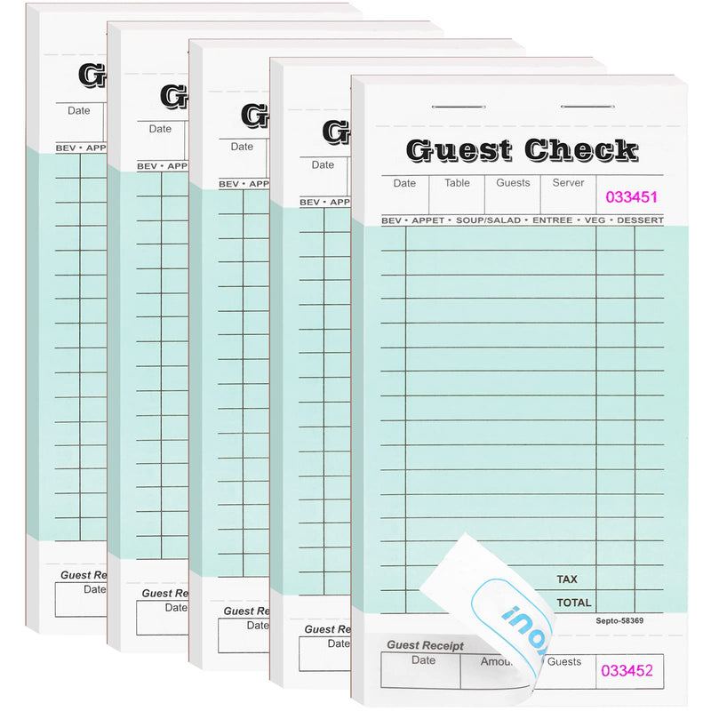 5 Pack Server Note Pads, Guest Check Books for Servers, Guest Checks Notepad for Waiter Waitress Servers, Waitress Notepad for Restaurants Food Order, 50 Sheets/Pad, Green Guest Check 5 Pack