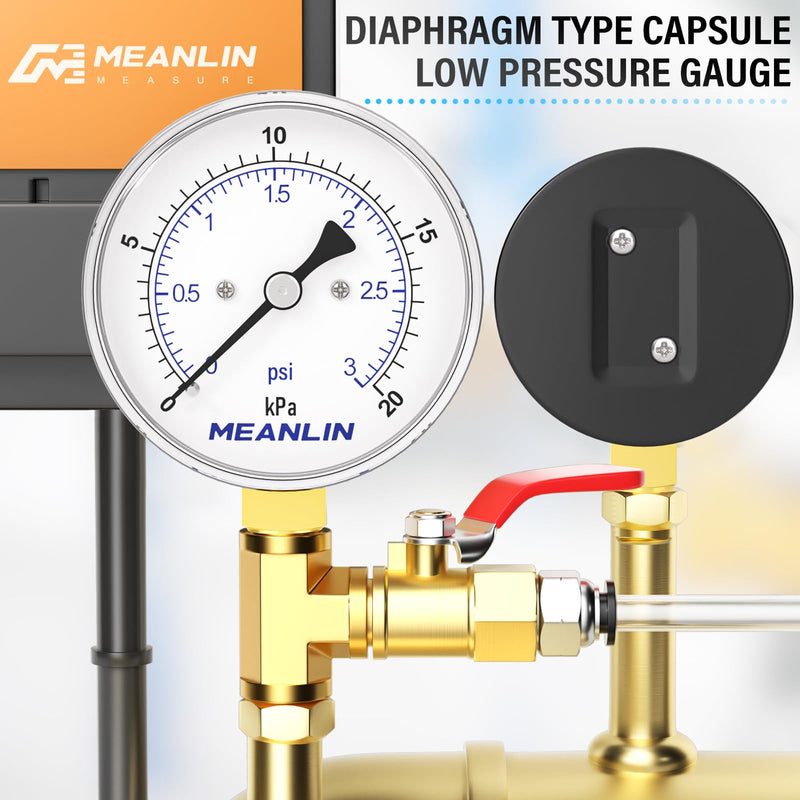 [Australia - AusPower] - MEANLIN MEASURE 0-3Psi Diaphragm Type Capsule Low-Pressure Gauge, Water Column Gauge, 2.6" Dial, 1/4" NPT, Rear Adjustable Knob, with 1/2" NPT and 3/8" NPT Hex Bushing, Lower Mount 0~3Psi 