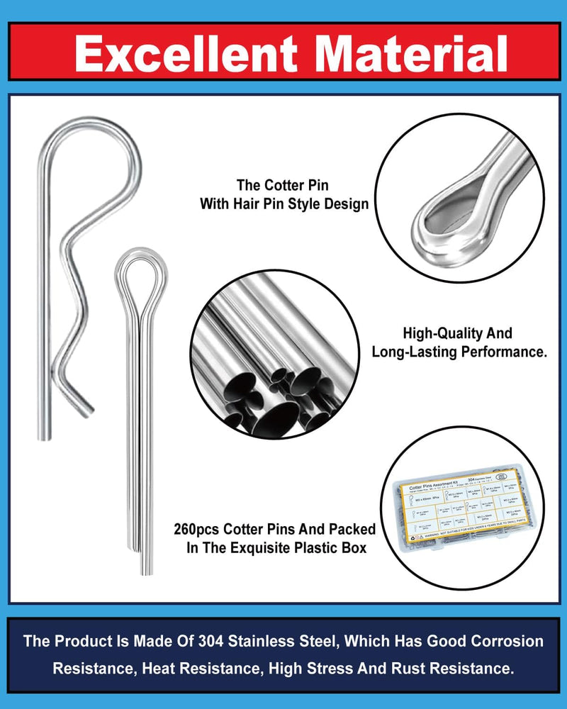 [Australia - AusPower] - 260 Pcs Cotter Pins Assortment Kit - 16 Sizes Hardware Pins Set 304 Stainless Steel Hitch Pin Clip Small Carter Pins Used for Automotive, Trailer Hitch,Lawn Mower 260pcs-Assortment kit 