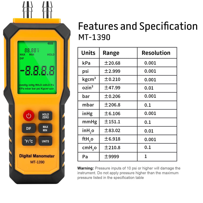 [Australia - AusPower] - 5/16 Inches Diameter Pressure Port Digital Manometer, YZT Meter Dual Port Air Pressure Meter Pressure Gauge HVAC Gas Tester, Differential Pressure Manometer 5/16 Inches Diameter Port 