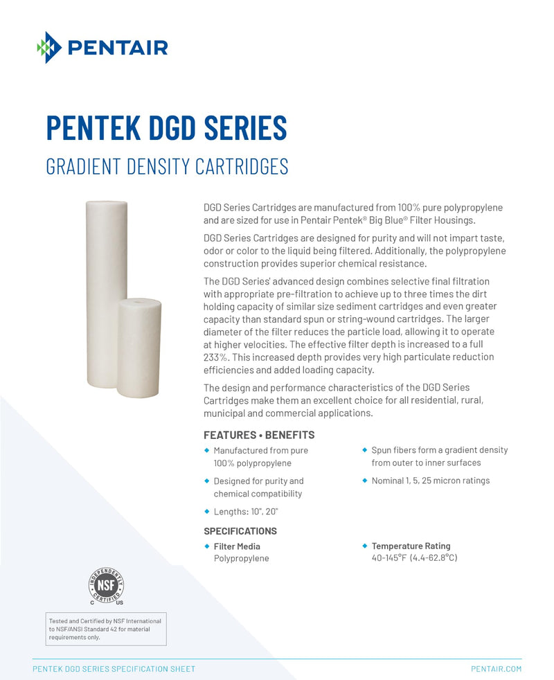 [Australia - AusPower] - Pentair Pentek DGD-5005 Big Blue Water Filter, 10-Inch Whole House Sediment Filter Cartridge Replacement, Dual-Gradient Density Spun Polypropylene, 10" x 4.5", 5 Micron, Pack of 1 
