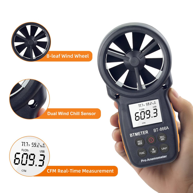 BTMETER BT-866A Pro Handheld HVAC Anemometer for CFM Air Flow, Wind Speed Meter Gauge Measures Wind Velocity Temp%RH Dew Point with USB Sync to PC BT-100WM Anemometer