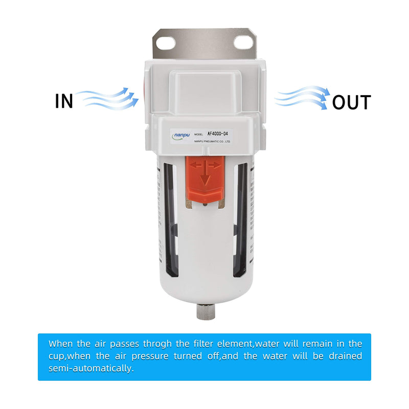 NANPU 1/2" NPT Compressed Air Line Filter, 5 Micron Brass Element, Bracket, Poly Bowl, 145 psi