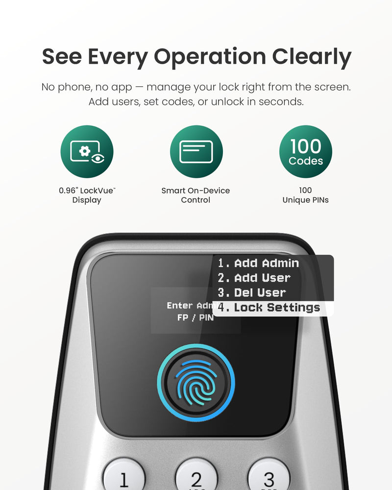 DESLOC C110 Smart Lock with LockVue Display, 3-in-1 Keyless Entry Door Lock with Fingerprint, Passcode & Key, BHMA Certified Deadbolt, Auto Lock, 12-Month Battery for Home, Apartment & Airbnb, Silver Deadbolts
