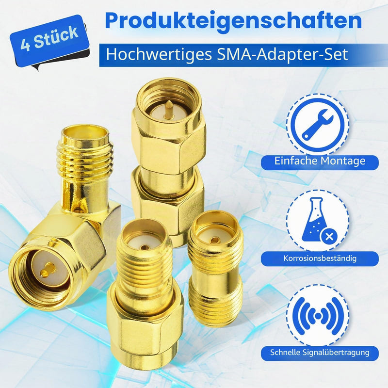 Superbat SMA Adapter Kit Male/Female to Male/Female RF Coaxial Coax for 3G 4G LTE FPV Antenna RTL SDR Router Radio | 3 x straight adapters + 1 x 90° angled for antenna, SDR radio, GPS, WiFi, network analyzer and RF devices SMA to SMA Kit