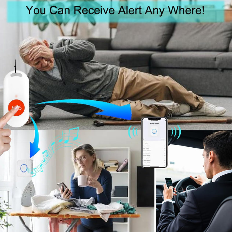 WiFi Smart Wireless Caregiver Pager Call Button System for Seniors, Disabled, Elderly, Emergency Life Alert, 2.4GHz Wi-Fi, App Support(Three Button One Gateway)