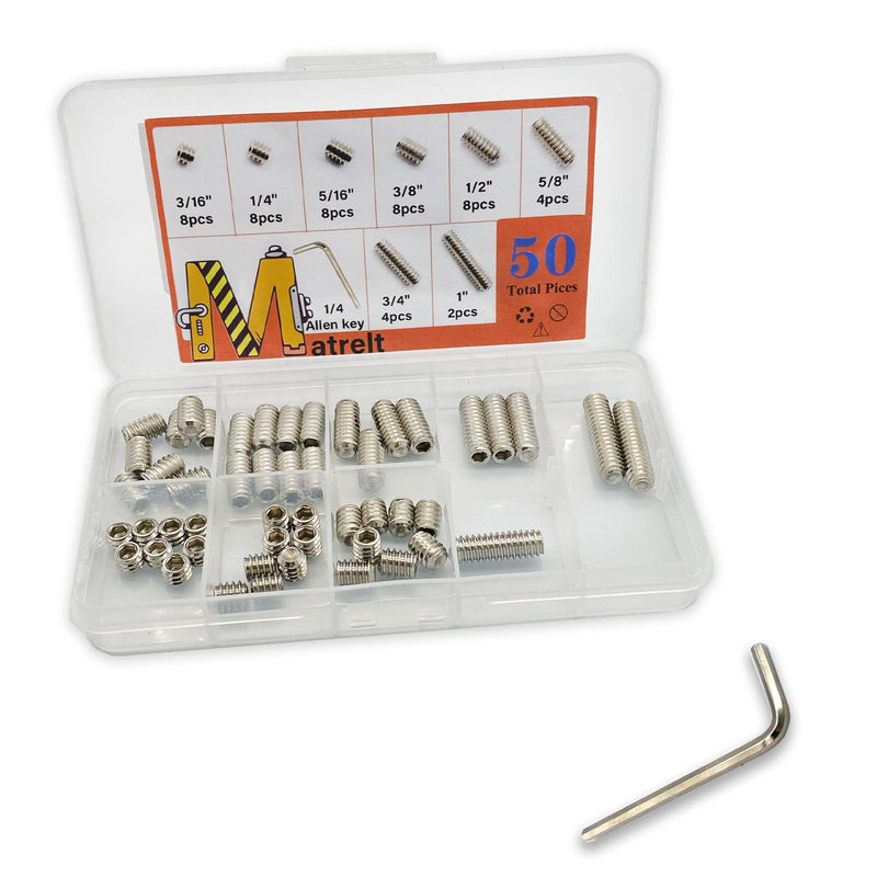 [Australia - AusPower] - 50pcs 1/4-20 8 Sizes Hex Socket Set Screws Assortment Kit, 304 Stainless Steel Cup Point Grub Screw for Bathroom Fixtures Door Handles Stripper Pole Rack Screws Precision Instrument ets 1/4-8Size-50P-304Silver 
