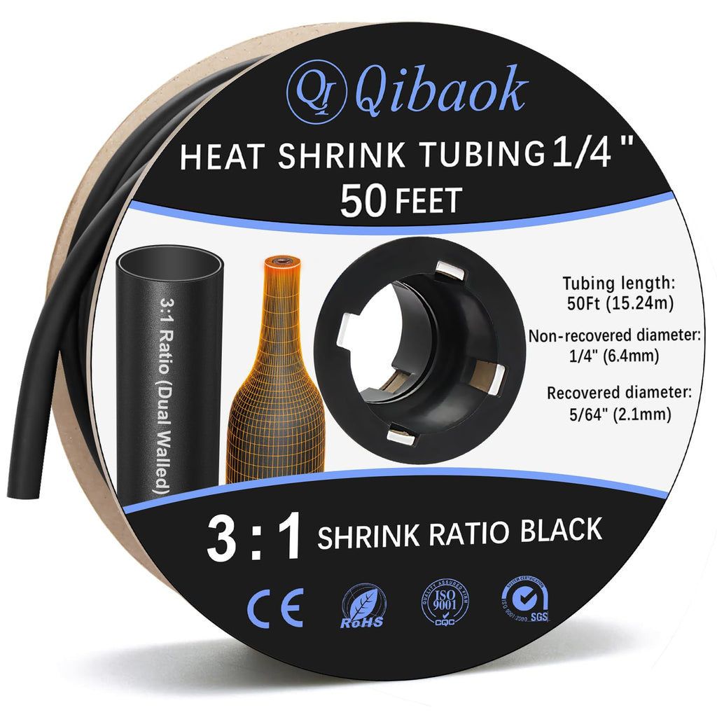 Qibaok Heat Shrink Tubing - 3:1 Ratio Adhesive Lined - Marine Grade Shrink Wrap Tubing - Industrial Heat Shrink Tube Electrical- 1/4" Black - 50 Feet Roll 1/4"(6.4mm) - 50Ft