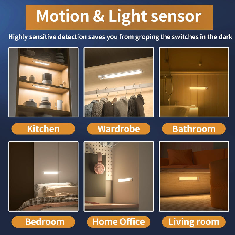 Under Cabinet Lights,76 LED Operated Motion Sensor Light Indoor,1500mAh USB Rechargeable Closet Lights, 6 Pack Magnetic Dimmable Closet Lights，Wireless Under Counter Lights for Kitchen, Stairs. 9.5inch-6Pack..