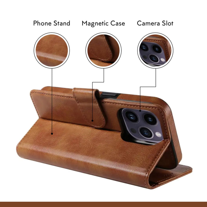 EMF Protection Anti Radiation Leather Flip Folio Case for iPhone, Genuine Leather Wallet Case/Cover with Card Holder & Stand Function Brown for iPhone 13 Pro