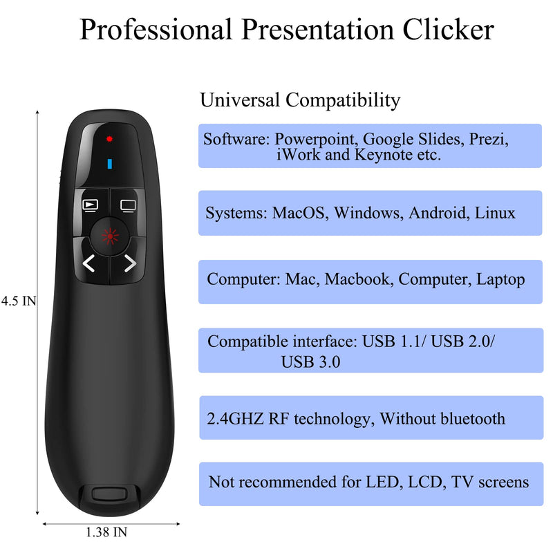 [Australia - AusPower] - Wireless PowerPoint Remote Presentation Clicker: Battery Operated Presenter PPT Slide Advancer with Red Pointer | 100Ft Control Range | Plug & Play via USB | Ergonomic Design - Universal Compatibility USB-1 Pack 