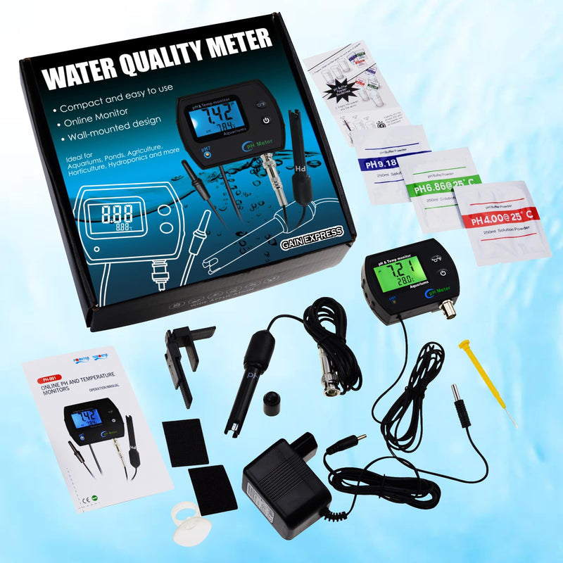 2 in 1 pH & Temperature Monitor, pH Meter with Backlight Function, Dual Display 0.00~14.00pH °C/ °F Water Quality Tester pH Monitor for Water, Fish Tank, Aquarium, Hydroponics, Pools pH/Temp Meter
