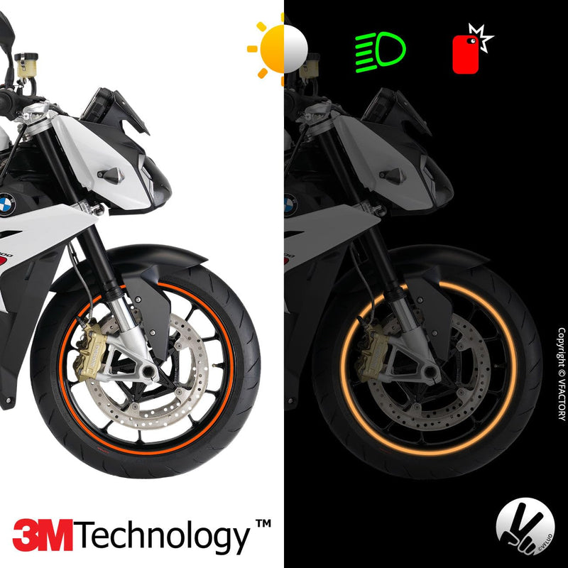 VFLUO - Motorcycle Reflective Wheel Stripes kit, 1 Wheel Rim Stickers Pack, 3M Technology™ - High lateral Visibility, Discreet and Design, Easy Installation