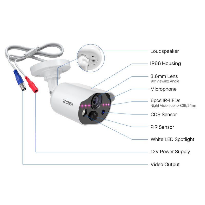[Australia - AusPower] - ZOSI 1080P HD-TVI Security Camera with Audio, 2MP 1920TVL Indoor Outdoor Surveillance Home Camera, Night Vision, PIR Motion Detection, IP66 Weatherproof, Only Work with ZOSI 3K Lite CCTV DVR Wired-1Cam 