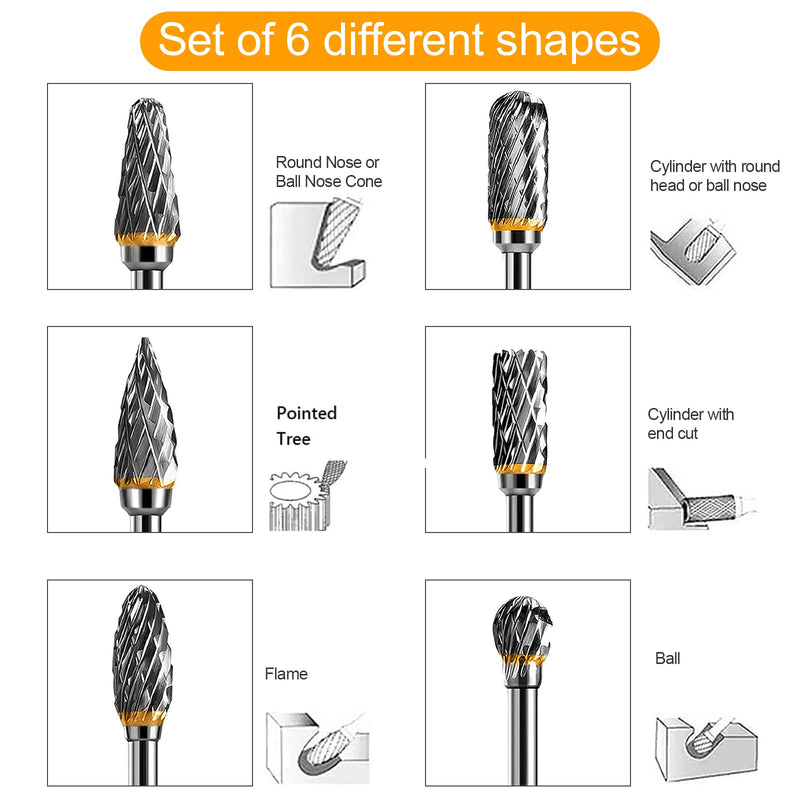 [Australia - AusPower] - SoundZero 6 Piece Carbide Burr Set, Double Cut Burr, Carbide Rotary Cutter Set, End Mill, with 1/8 Inch Shank, for Grinder, Carving, Metal Polishing, Engraving, Drilling 
