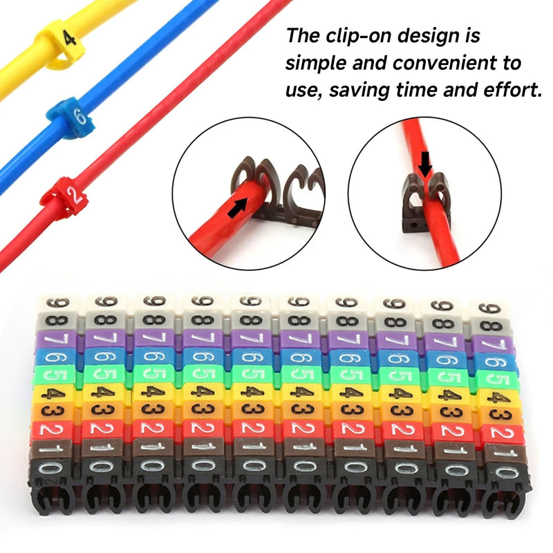 Wire Number Tube Cable Marker, 0.2 x 0.2in Colorful Clip on Wire Marker, Digital Number Wire Numbering Marker, Plastic Cable Numbering Marker Tube for Wires Management, 100Pcs 100PCS 12AWG 4mm²