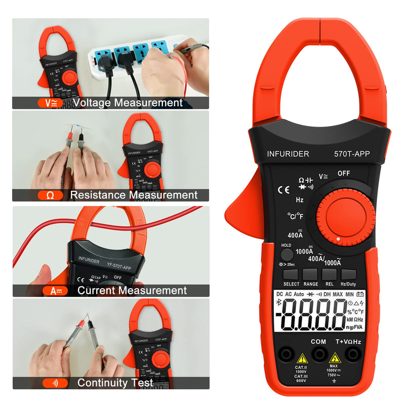 [Australia - AusPower] - Wireless Clamp Meter, 1000A AC/DC Current Amp Clamp, TRMS 4000 Counts Auto Range Clamp on Ammeter, Bluetooth Clamp Multimeter Measures Voltage, Capacitance, Ohm, Hz and Temperature 