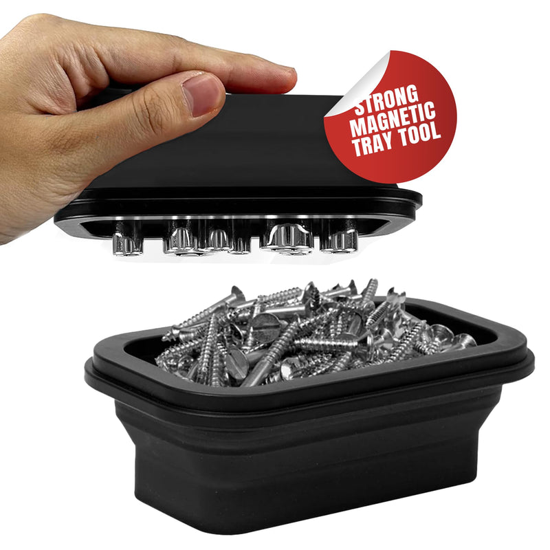 Magnetic Parts Tray Set 3-Pack - Collapsible Silicone Magnetic Tray with Strong Base - Multi-Size (Black) Black
