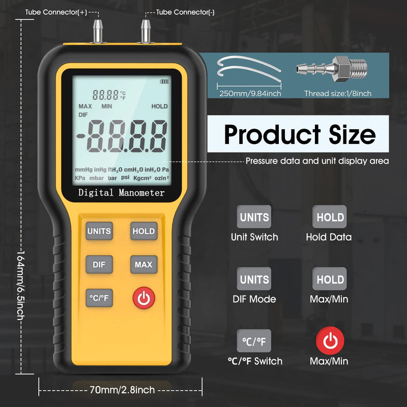 [Australia - AusPower] - Manometer Gas Pressure Tester, Digital HVAC Manometer Dual-Port Air Pressure Meter with Backlight and Data Record Function, Professional Differential Pressure Gauge with 12 Measure Units 