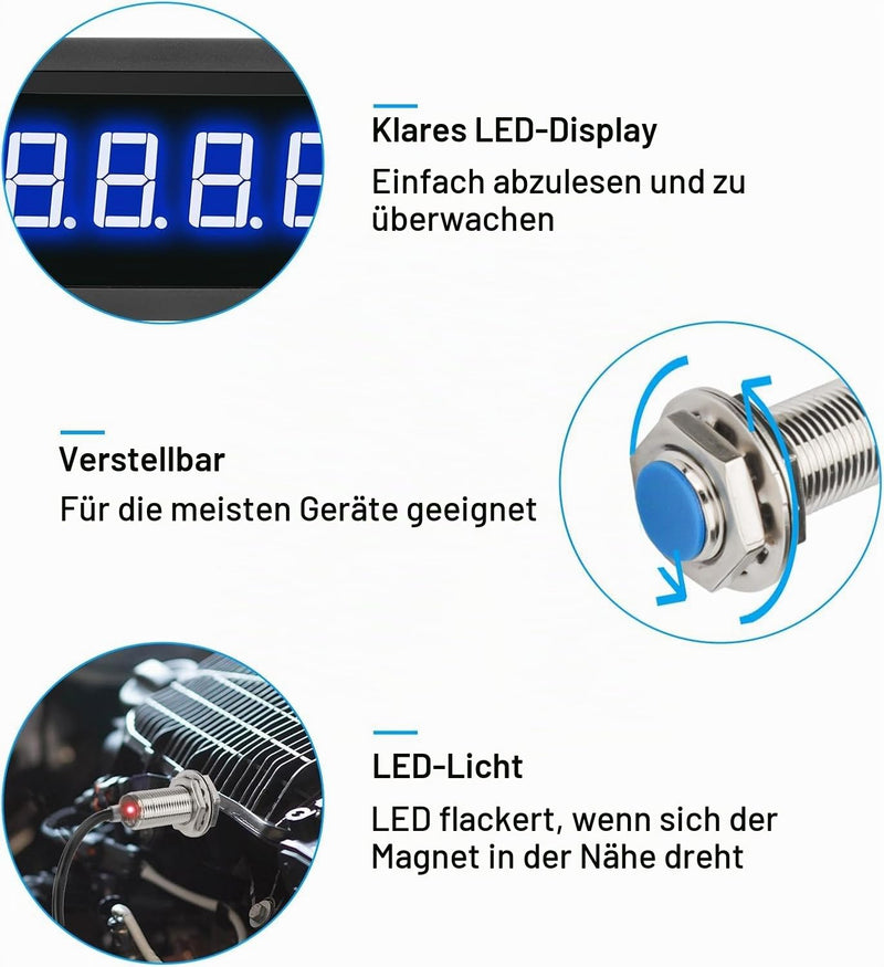 4 Digital LED Display Tachometer, Speed Display Speedometer, RPM Speed Meter with Hall Proximity Sensor NPN/PNP Input, 10-9999RPM Range (Blue) blue