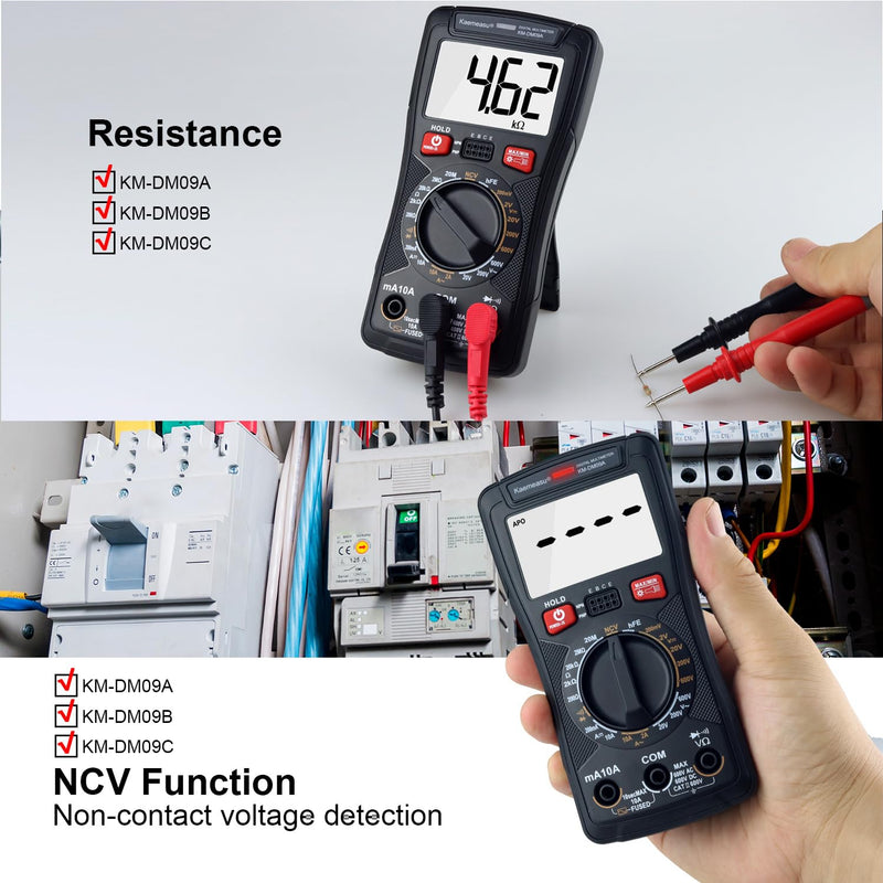 [Australia - AusPower] - Digital Multimeter Handheld Tester 2000 Counts with NCV Function Suitable for Home Industrial and Automotive Use Diode hFE Tester Smart Multimeter Electronic Service Tool KM-DM09 Series (KM-DM09A) KM-DM09A 