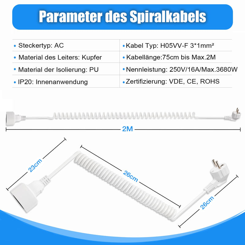 [Australia - AusPower] - Schuko Extension Cable Spiral 2 m, Protective Contact Spiral Extension Stretchable from 0.75 m to 2 m, 3680 W Spiral Cable Extension Spiral Cable Plug Cable with Schuko Plug and Coupling, White 