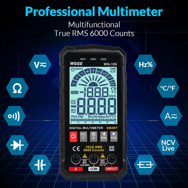 [Australia - AusPower] - WGGE Digital Multimeter Voltmeter Smart Electrical Tester Measures Voltage Current Resistance Continuity Duty-Cycle Capacitance Temperature Frequency Auto Ranging 6000 Counts TRMS 