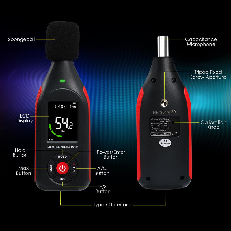 [Australia - AusPower] - Decibel Meter Sound Level Meter dB Meter Sound Noise Meter 30-130dB with MAX Data Hold, Data Record Function, Rechargeable With Alarm and A/C Frequency, Fast/Slow Time Selection for Home, Classroom 