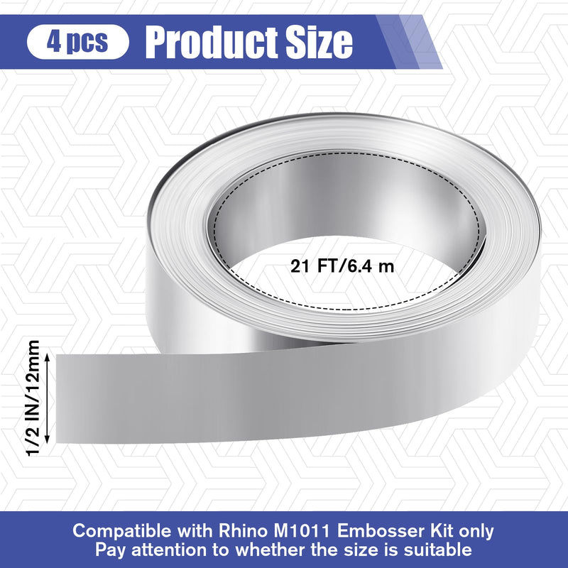 Yaocom 4 Pcs 1/2" x 21 ft Stainless Steel Embossing Tape Compatible with Dymo M1011/m11, Non-Adhesive Metal Label Tape for Electricians, Contractors, Farms, Tools, Cables & Equipment (Silver) Silver