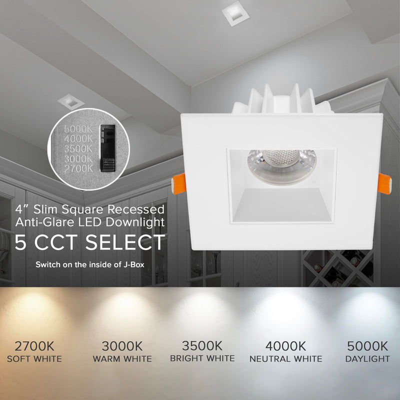 Maxxima 4 in. Ultra-Thin Recessed Anti-Glare LED Downlight, Canless IC Rated, 5 Color Temperature Selectable 2700K/3000K/3500K/4000K/5000K, Dimmable Square White Trim, 90 CRI