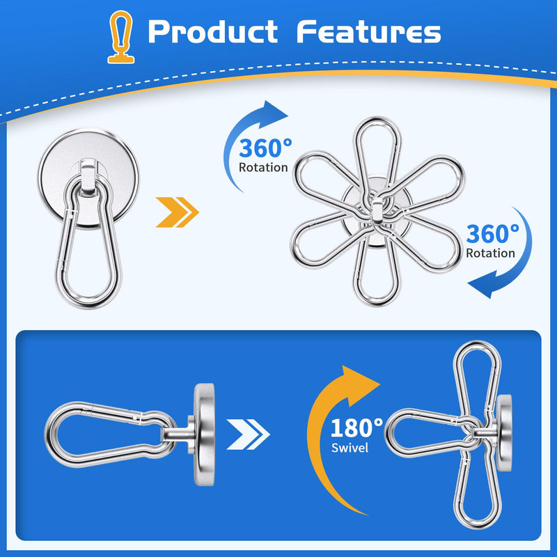 [Australia - AusPower] - Strong Magnetic Hooks Heavy Duty, 110LBS Magnetic Carabiner Hook, Neodumium Magnet Hooks with Swivel Hook, Magnets with Hooks for Hanging, Cruise, Garage, Warehouse, Outdoor - 4 Pack 4Pack 110Lbs 