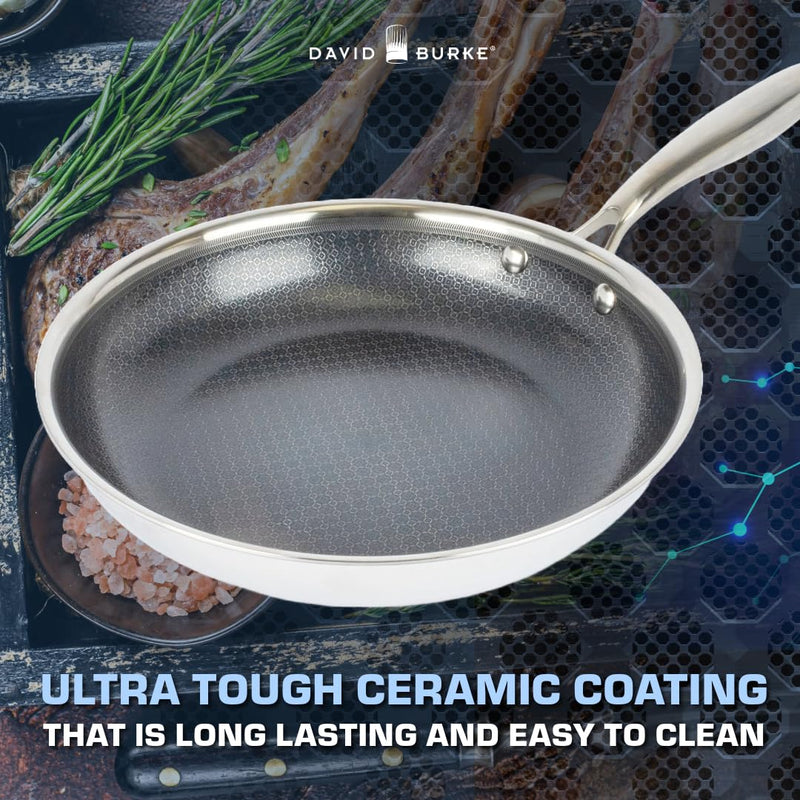 David Burke GeoClad Ceramic Hybrid Non-Stick 10" Fry Pan – Stainless Steel Sear Surface, Geometric Pattern, Tri-Ply Clad Body, PFOA-Free, Dk Gray/SS