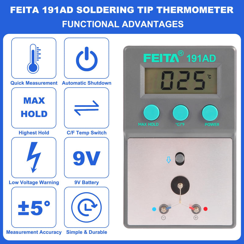 [Australia - AusPower] - FEITA 191AD Soldering Tip Thermometer with AUTO & MAX Hold Feature, C and F Digital Display Soldering Iron Temperature Tester 