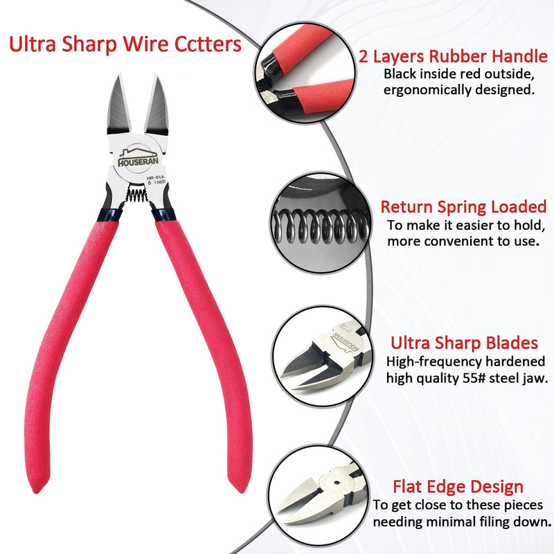 [Australia - AusPower] - Wire Cutters 2 PACK, 6 inch Wire Cutters Set, HOUSERAN Side Cutters Flush Cut Pliers, Spring Loaded Cutting Pliers with Non-slip Red Handle, Wire Cutters Heavy Duty for Jewelry Making, Crafts, Zip Tie 6"- 2 Pack 