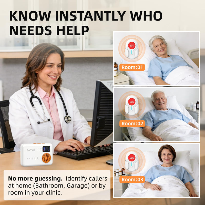 [Australia - AusPower] - CallToU Caregiver Pager - Wireless Call Button for Elderly at Home, Portable Nurse Alert System with Vibration & Sound Alerts for Seniors and Disabled (3 Call Buttons + 2 Receivers) 3 call buttons + 2 receivers 
