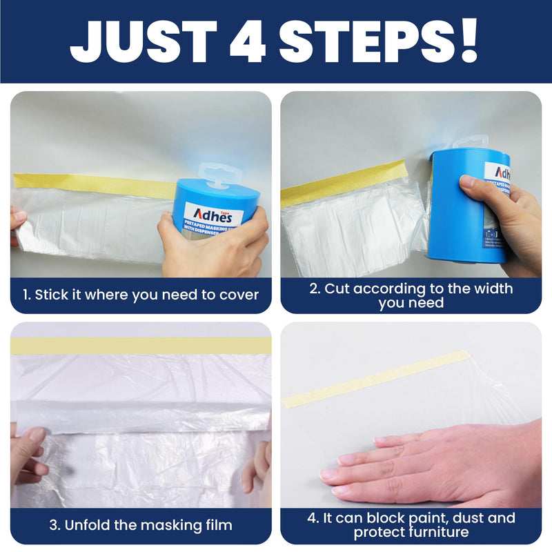 ADHES Pretaped Masking Film with Dispenser, 550mm x 33m (22in x 108ft), Paint Protection Plastic Drop Cloth for Painting, Automotive, Furniture and Floor Covering 22in x 108ft 1