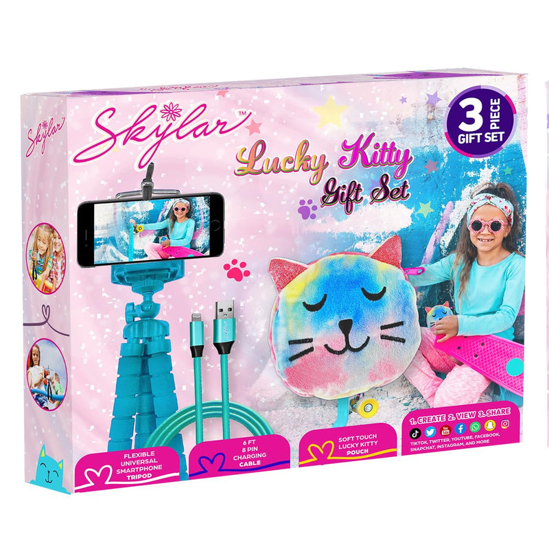 [Australia - AusPower] - 3-Piece Smartphone Accessory Kit for Kids – Flexible Tripod, 6ft. Charging Cable, Plush Cat Carrying Case (Lucky Kitty) – Vlogging, Influencer Kit for Kids Lucky Kitty Pouch 