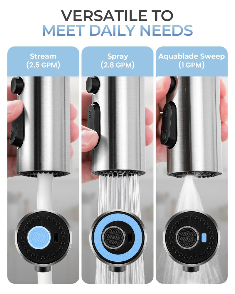 [New Upgrade] iVIGA Pull Down Faucet Sprayer Head Replacement, Stainless Steel Brushed Nickel 3 Function Pull Out Spray Nozzle with 9 Adapters for Moen Kohler Delta G1/2 Male Connector Faucet