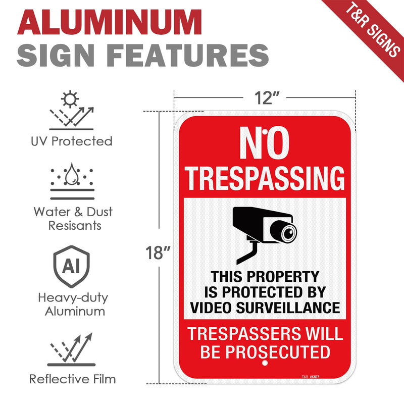 T&R (2 Pack) Large No Trespassing Private Property Sign Video Surveillance Sign, 18" x 12" Engineer Grade Reflective Sheeting, Rust Free Aluminum, Weather Resistant, Waterproof, Fade Resistant, 2 Pre-drilled Holes Red - 2 Pack