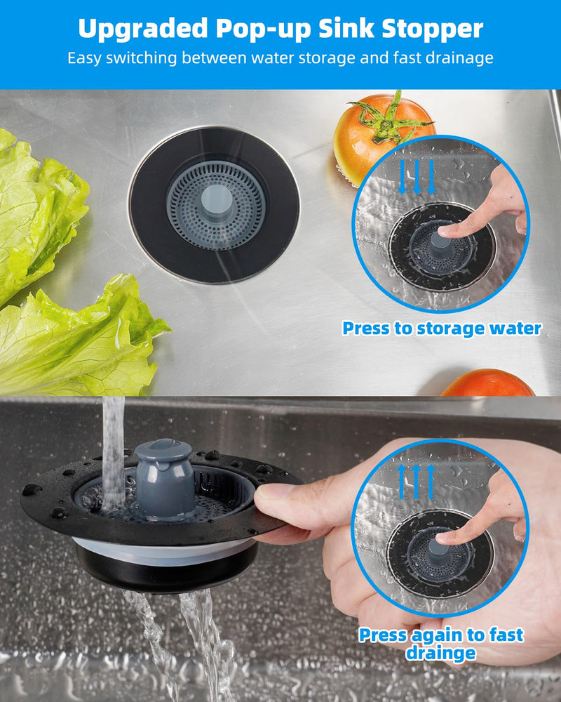 Hibbent 2 Pack 3 in 1 Kitchen Sink Drain Strainer and Stopper Combo, Stainless Steel Metal Pop Up Sink Stopper, Anti-Clogging Basket Strainer with Handle for US Standard 3-1/2 Inch Drain, Black Matte Black