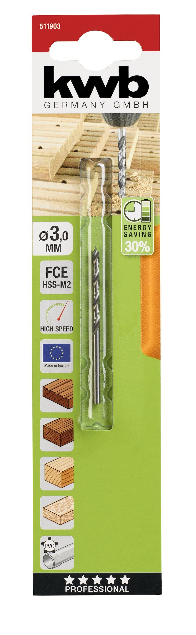 [Australia - AusPower] - kwb Akku-Top FCE Wood Drill Bits, Diameter 3 mm, HSS-M2 