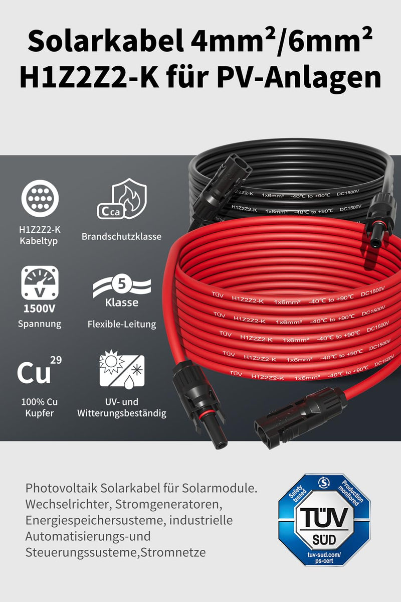 [Australia - AusPower] - Solar Cable 4 mm²/6 mm², Solar Cable Extension 1/2/3/5/8/10/12/15/18/20 m, Multi-Contact 4, IP67 Waterproof, Extension Cable (4 mm² 5 m) 4mm² 5M 