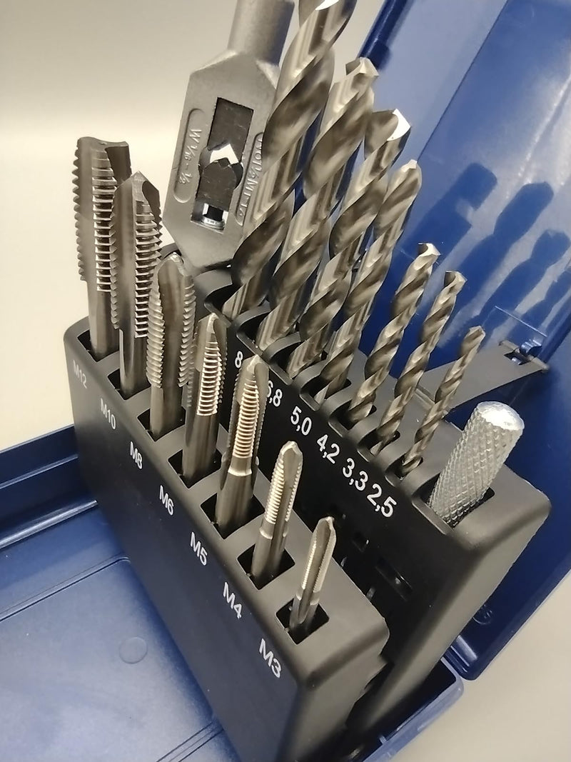 [Australia - AusPower] - PRO by Lienemann Tap and Die Set 15 Pieces | HSS M3 - M12 | Includes Core Hole Drill | Cutting Tap with Tap Wrench | Tap Set Item No.: 2359015 