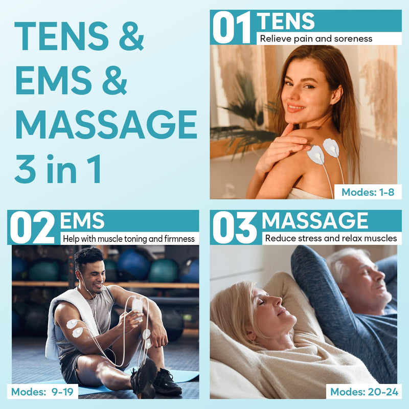 [Australia - AusPower] - Easy@Home Electronic TENS Unit: Pain Relief Therapy - EMS Pulse Massager Rechargeable Machine - Dual Channel 24 Modes 20 Intensities 16 Pads TENS and Powered Muscle Stimulator EHE020 White 