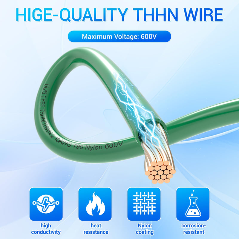 THHN Wire 10 Gauge 50FT, UL83 THHN/THWN-2 10 AWG Cable Stranded Copper with Nylon Jacket and PVC Insulation Building Wires for Residential, Ground, CNC, Panel Wiring, Circuit, Control(600V, Green)
