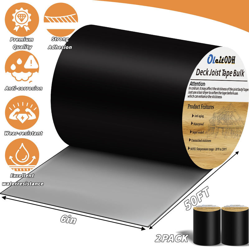 Oleitodh 2 Rolls Butyl Joist Tape for decking, 6 Inch x 50 Feet Weatherproof Butyl Sealant Deck Tape Joist-Beam Deck Joist Tape Bulk for Wood Joists Decks Beams Roof 6" X 50'-2 Rolls Black-PVC