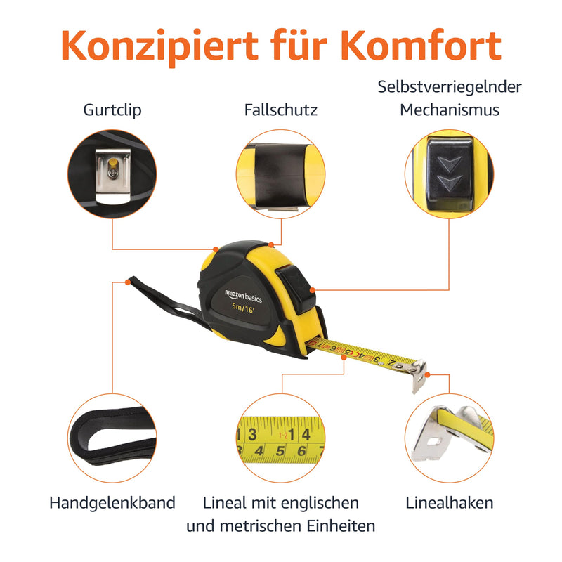 Amazon Basics Self Locking Tape Measure (5m) Scale MID Accuracy Black Yellow 5 m