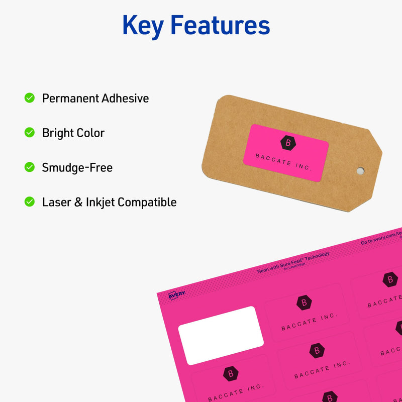 Avery Printable Labels, Sure Feed Technology, 1" x 2-5/8", Assorted Neon Colors (Green, Magenta, and Yellow), Removable Adhesive, Laser & Inkjet Compatible, 360 Blank Labels Total (6479) 1"H x 2 5/8"W