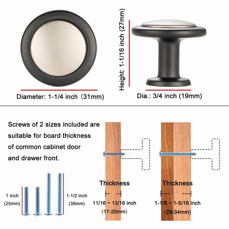 KOOFIZO 10 Pack Black and Nickel Kitchen Cabinet Knobs Matte Black and Silver Drawer Knobs 1960 Round Single Hole Cabinet Pulls for Cabinets Drawers Dresser Cupboard Bedroom Bathroom Knob 1 - 10Pcs Black + Brushed Nickel